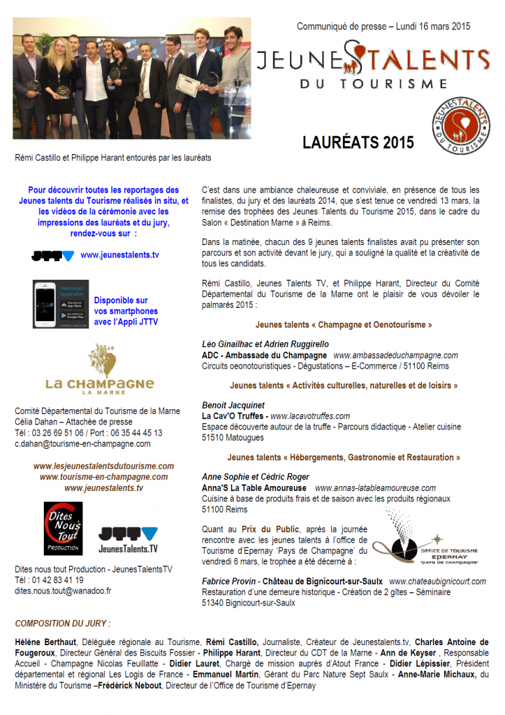 CP JT TOURISME LAUREATS 2015